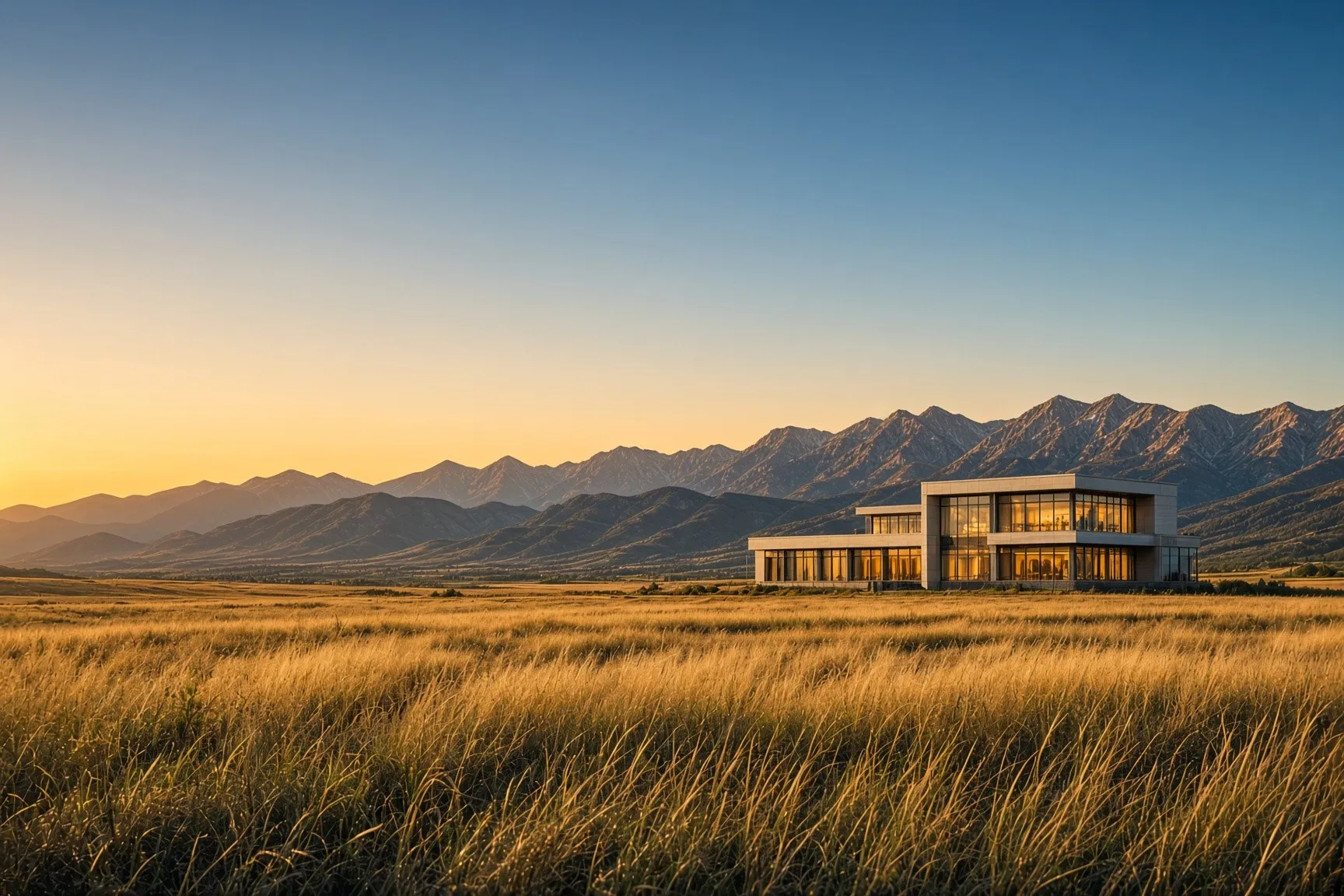 A modern glass and stone office building at sunset in a tallgrass prairie, with the Colorado Front Range behind it.